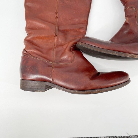 Frye Melissa Button Lug Tall Boots Shoes Sz 8 Cognac Brown Leather Low Heel Fall - Picture 10 of 13